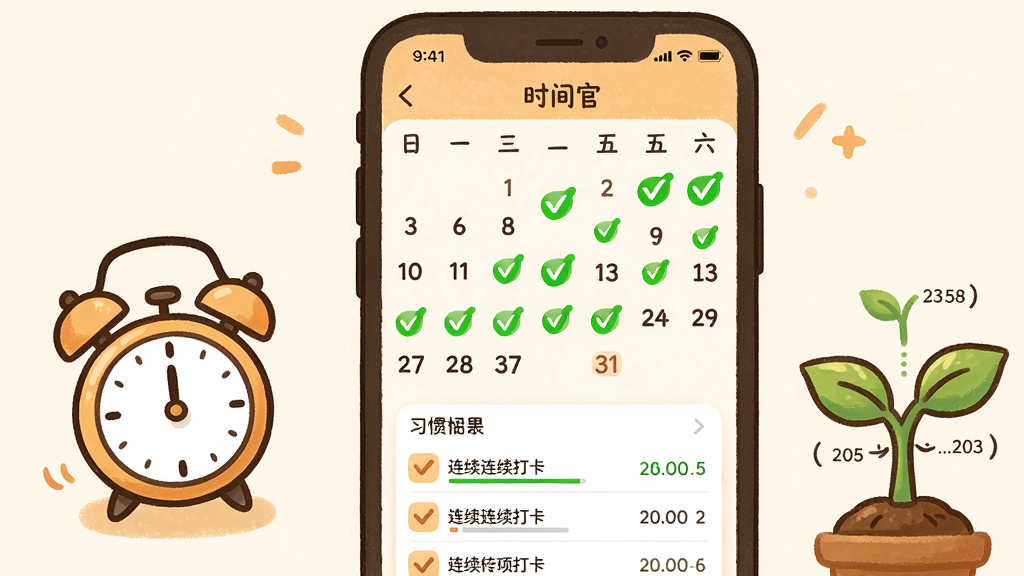 ϰ�ߴ����ɹ���չʾͼ����������Ϊ�ֻ���Ļ����Ļ��չʾ��ʱ��١�App��ϰ�ߴ�������ͼ�������϶����������ɫ�Թ���ǣ��·���ϰ���б���ÿ��ϰ���Ա������������������������һ����ͨ����С����ͼ�꣬�Ҳ���һ��ɳ��е�С���磬����ϰ�����ɡ�����Ϊ�ֻ�����ƫ�ң�������ӡ��Ҳ������γ�ƽ�⡣���Ϊ��ܰ�ֻ�磬ůɫ����ϸ������������������Թ���ɫ���ޣ������������׶�ʾ�⡣����Ҫ����塢�ɾ����޶���Ԫ�ء���Χ��ů��