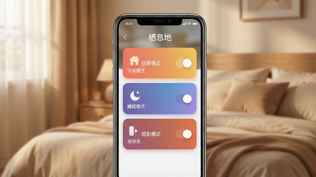 һ��չʾ��Ϣ��APP�������ý����ͼƬ���������ֻ���Ļ��ʾ���ؼ�ģʽ����˯��ģʽ������Ӱģʽ���ȳ�����Ƭ��ÿ����Ƭ�ж�Ӧ��ͼ��Ϳ��أ��ֻ���������ܰ�����һ��������ֲ��þ��й�ͼ����������ů��ϸ���ϳ�����Ƭ�н���ɫ�ʣ���Ļ������Ȼ�����������ɾ����޶���Ԫ�أ�ͼƬ�����ֱ�ע����Ϣ�ء�