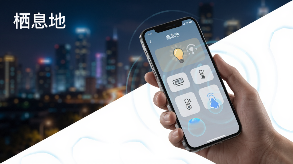 һ��չʾ��Ϣ��APPԶ�̿��ƹ��ܵ�ͼƬ��������һֻ�������ֻ����ֻ���Ļ��ʾԶ�̿��ƽ��棬�еƹ�Ϳյ��Ŀ��ư�ť�������ǳ���ҹ�������ֲ��öԽ��߹�ͼ������ִ��Ƽ��У�ϸ�����ֻ���Ļ�в�������Ч���������ƹ��黯�����������ɾ����޶���Ԫ�أ�ͼƬ�����ֱ�ע����Ϣ�ء�