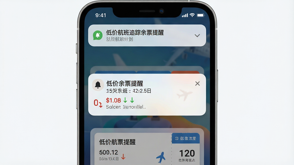 һ��չʾ�ͼۺ���׷����Ʊ���ѹ��ܵĻ��棬����Ϊ�ֻ���Ļ����֪ͨ�������ʾ�ͼ���Ʊ���������뺽����Ϣ�����ֲ��ö���֪ͨ��������Ļ���������Ϊ�ִ���Լ�磬ϸ�ڰ�������ͼ�ꡢ�۸��½���ͷ����Ʊ��Ƭ�����ʸ��壬�ɾ����޶���Ԫ��