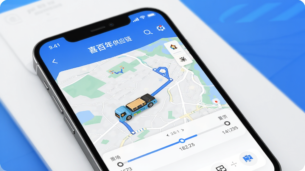 һ��չʾϲ���깩Ӧ��APP����׷�ٹ��ܽ����ͼƬ���ֻ���Ļ����ʾ��ͼ·�ߡ�����ͼ����ʱ���ᣬ����Ϊ���İ�ɫ����ɫ���䣬����ִ��Ƽ��У��Ű�ͻ����ͼ����ϸ�ڷḻ�����ʸ��壬�޶���Ԫ��