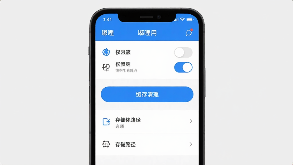 ����չʾһ���ֻ���Ļ�г������Ӧ�����ý��棬����Ȩ�޿��ء�����������ť�ʹ洢·��ѡ�����Ϊ�б�ʽ�����Ϊ��ƽ��UI��ƣ�ϸ�ڰ�����ɫ������ť��ͼ�꣬���������ɾ����޶���Ԫ��
