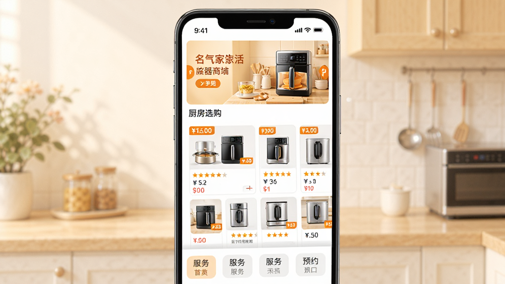 ��������������̳ǽ��棬����Ϊ�ֻ���Ļչʾ��������ѡ��ҳ�����������ԤԼ��ڣ������Ϸ�Ϊ�ֲ����λ���в�Ϊ��Ʒ��Ƭ�����·�Ϊ��������ǩ���Ű���̷���������򣬷��Ϊ�������õ�ůɫ����ϸ�ڰ�����ƷͼƬ���۸��ǩ�������Ǽ������ʸ��壬�ɾ����޶���Ԫ��