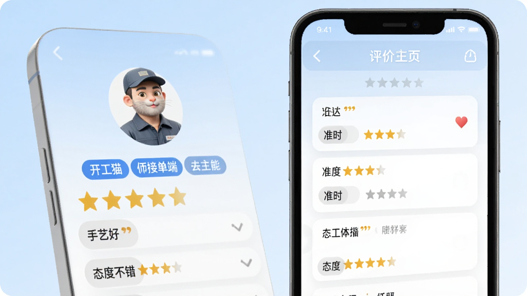 ����èʦ���ӵ��˸�����ҳ������ҳ�棬����չʾ�ֻ���Ļ����ʾʦ��ͷ�񡢼��ܱ�ǩ�����Ǻ����б����������ݰ��������պá���׼ʱ����̬�Ȳ������������������ǵ���ɫ���䣬�����רҵ�������������޶���Ԫ��