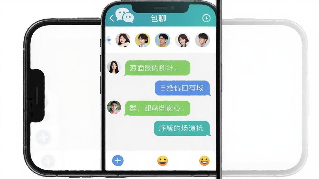 һ���ֻ�չʾ�����ġ�Ⱥ��������棬��Ļ���ж���û�ͷ�������ڶ���������������ʾ���˶Ի����ݣ��ײ��мӺźͱ��鰴ť��������ɫ��ˬ���������࣬��ƽ����ƣ����廭��