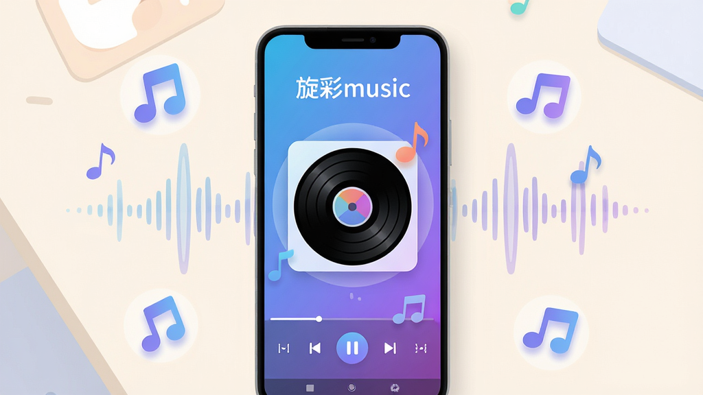 ������һ̨������׿�ֻ����ֻ���Ļ������ʾ������music�����Ž��棬�������ר������Բ�γ�Ƭ��ײ����ſ�����������Ϊ�ֻ����з�����ǳɫ���棬��Χɢ�伸ö����ͼ�����͸�������������Ű����������ơ�����music���԰�ɫ�����������Ļ���������Ϊ��ˬ�Ƽ��������ַ�Χ��ϵı�ƽ�廭��ϸ�ڰ����������ϱ�������������������͹��Ρ�Բ��ͼ�ꣻ���ʸ��壬����ɾ����޶���Ԫ��