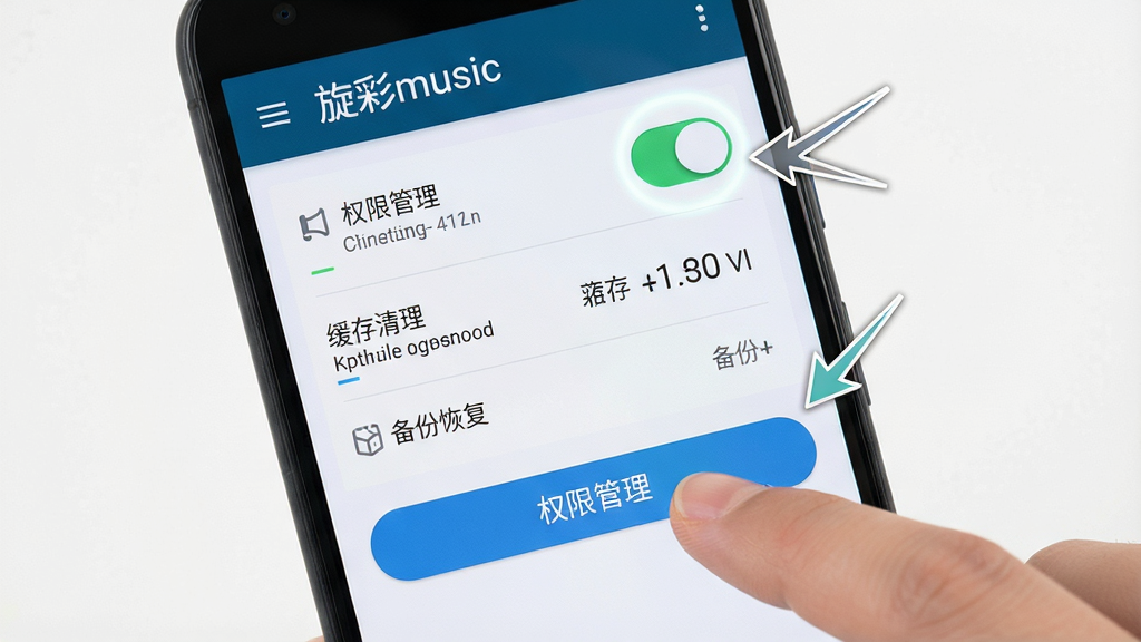 ������һ����׿�ֻ���Ļ��ʾ������music��������ҳ�棬ҳ���а���Ȩ�޹������������������ݻָ���ѡ�����Ϊ�ֻ�������д����ָ���ڵ����Ȩ�޹�������ť���Ű����������ơ�����music��λ��ҳ�涥�������Ϊ������˵Ľ̳�ʾ��ͼ��ϸ�ڰ���������Ȩ�޿��ء������С���֡����ݰ�ť����ͷָ�������ʸ��壬����ɾ����޶���Ԫ��