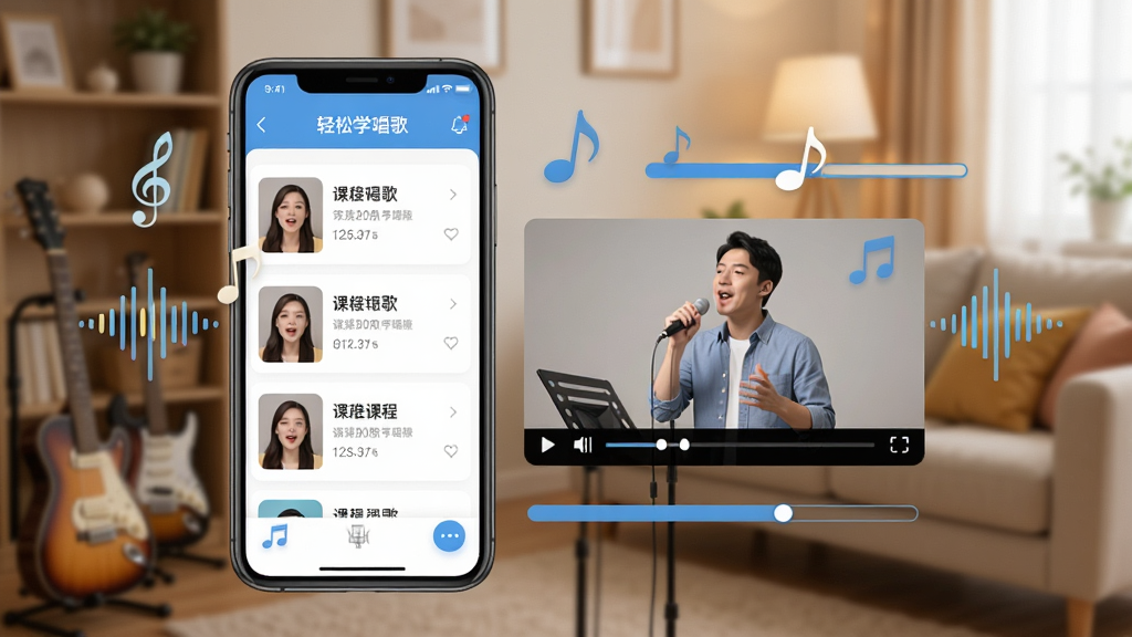 һ��չʾ����ѧ����APP�γ̽����ͼƬ���������ֻ���Ļ��ʾ�γ��б�����Ƶ���Ž��棬����ʦʾ������Ļ��棬��Χ�����������������ͽ�������ͼ��Ԫ�أ���������ܰ�ľӼ���ϰ��������������죬�����������ɾ��޶���Ԫ��