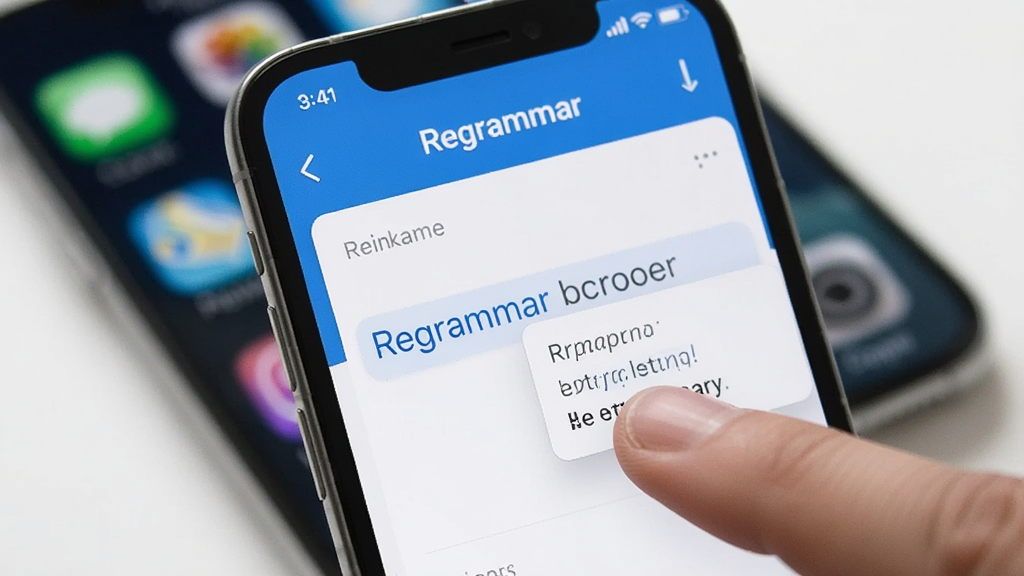 һ��չʾRegrammar�ƶ���ʹ�ü��ɵ�ͼƬ���������ֻ���Ļ��ʾ��Regrammar���������棬��ָ���ڳ���һ��Ӣ�ĵ��ʣ��������͸����������������죬��ɫ������Ϊ��������Ϊģ�����ֻ����棬ϸ�����������ʸ��壬�޶���Ԫ��