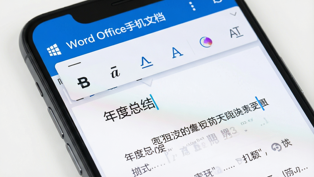 һ��չʾ�ֻ���Ļ��д��ͼƬ����Ļ�С�Word Office�ֻ��ĵ���Ӧ�ô��ڱ༭״̬�����������ĩβ��˸���Ϸ�������չ����ʾ�Ӵ֡�б�塢�»��ߡ�������ɫ��ͼ�꣬�ĵ�������һ�ι��ڡ�����ܽᡱ�����֣�������Ϊ�Ƽ��칫�磬�����������ɾ��޶���Ԫ��