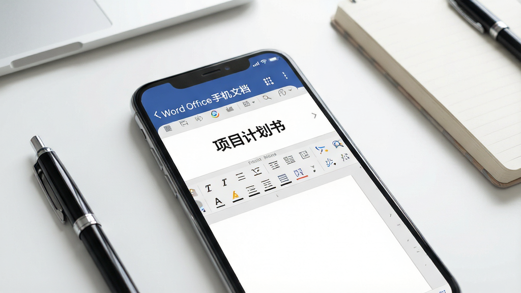 һ��չʾ�ֻ���Ļ��ͼƬ����Ļ������š�Word Office�ֻ��ĵ���Ӧ�ý��棬������ʾһ�����ڱ༭��Word�ĵ����ĵ�����Ϊ����Ŀ�ƻ��顱���·��мӴ֡�б�塢�»��ߵȱ༭���������ֻ������Ǹɾ�����İ칫���棬�����Ϸ���һ֧�ʺ�һ���ʼǱ���������Ϊ�ִ���Լ�Ƽ��磬ϸ�����������ʸ��壬�ɾ��޶���Ԫ��