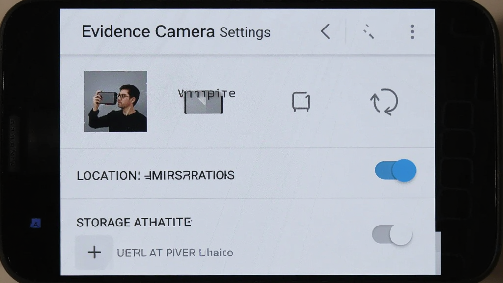 һ����׿�ֻ���Ļ��ʾ Evidence Camera ������ҳ�棬ҳ���а���ˮӡģ��ѡ���λȨ�޿��ء��洢·��ѡ�����Ŀ������Ϊǳɫ���⣬�������������ʸɾ����޶���Ԫ��