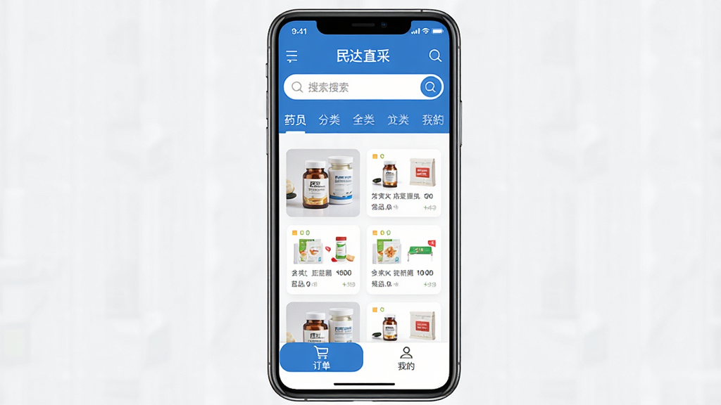 һ���ֻ�Ӧ�ý���չʾͼ������������һ�����������ֻ�����Ļ����ʾ�����ֱ�ɡ�APP��ҳ������Ϊ����������ർ�����в�ΪҩƷ�б���Ƭ���ײ�Ϊ�������ҵ�ģ�飬�������������ɫ�����������ϸ�����������ʸɾ����޶���Ԫ��