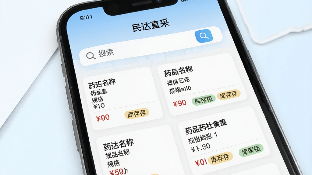 һ��ҩƷ���߲�ѯ����ʾ��ͼ����������Ϊ�����ֱ�ɡ�APP���������棬��Ļ����ʾ���ҩƷ��Ƭ��ÿ�ſ�Ƭ����ҩƷ���ơ���񡢼۸������ǩ������Ϊ���İ�ɫ��ǳ��ɫ���������룬����ִ��������������޶���Ԫ��