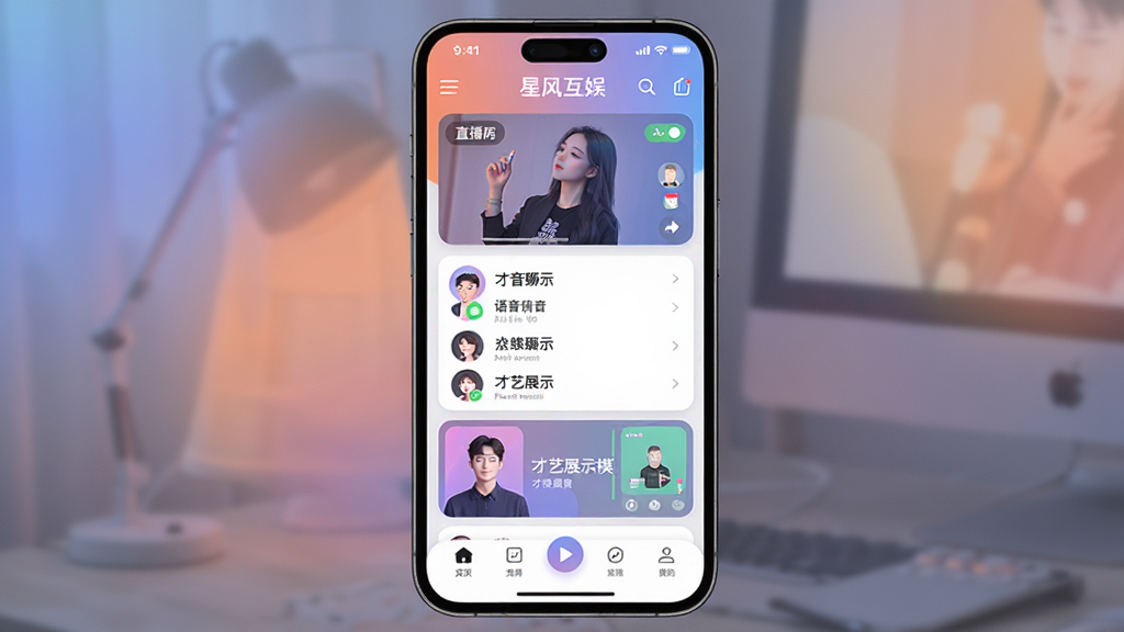 һ��չʾ��쪻���APP�������ĸ���ͼ������Ϊһ�������ֻ�����չʾ����Ļ�г���ֱ���������䡢���������б��Ͳ���չʾģ�飬����������Ϊ�������������в��������͵ײ����ܰ�ť���Ű������в�Σ��������ִ���ƽ����ƣ�ϸ���ϼ�����͵Ľ����Ч��Բ�ǿ�ƬԪ�أ����ʸ���ɾ����޶���װ��Ԫ��