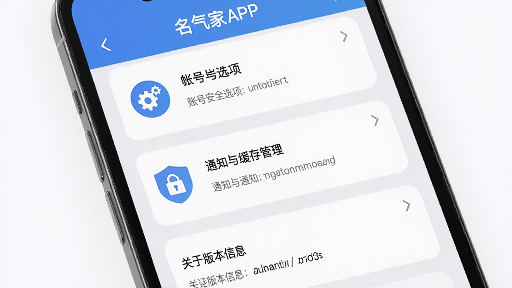 ����Ϊ�ֻ���Ļչʾ������APP���ý��棬�����Ϸ�Ϊ�˺Ű�ȫѡ��в�Ϊ֪ͨ�뻺��������·�Ϊ���ڰ汾��Ϣ���Ű��࣬���Ϊǳɫ����磬ϸ���ϼ������ͼ������ư�ȫ��ʶ�����ʸ��壬����ɾ����޶���Ԫ��