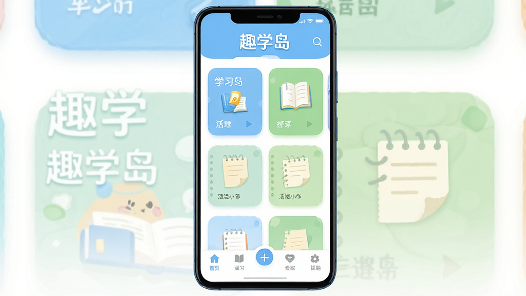 Ȥѧ��Ӧ��������ȫòչʾ������Ϊһ��������׿�ֻ�����Ļ������ʾȤѧ��������ҳ��ҳ�涥���С�Ȥѧ�������ֱ�ʶ���в�����ѧϰ��Ƭ���ҳСֽ��ͼ�꣬�ײ�Ϊ���ܵ������������������У�����������죬ϸ�ڰ���Բ�ǿ�Ƭ�������Ӱ��������������ɫ�����ʸ��壬����ɾ����޶���Ԫ��