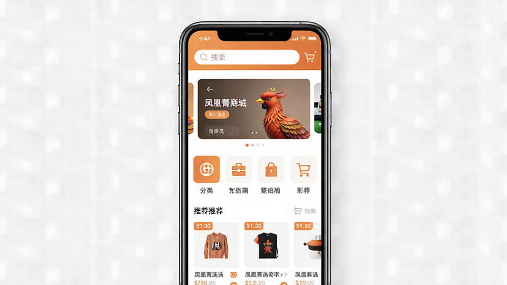 һ��չʾ�ƶ�����Ӧ�ý����ͼƬ������������һ�������ֻ�����Ļ��ʾ���ݼѡ�̳ǵ���ҳ���Ϸ������������ֲ�ͼ���·�����Ʒ����ͼ����Ƽ���Ʒ�б������岼�ּ�����죬����ů��ɫ���ɫ���䣬����ִ����£�ϸ�ڰ�����Ʒ����ͼ���۸��ǩ�͹��ﳵͼ�꣬�����������ɾ��޶���Ԫ�ء�
