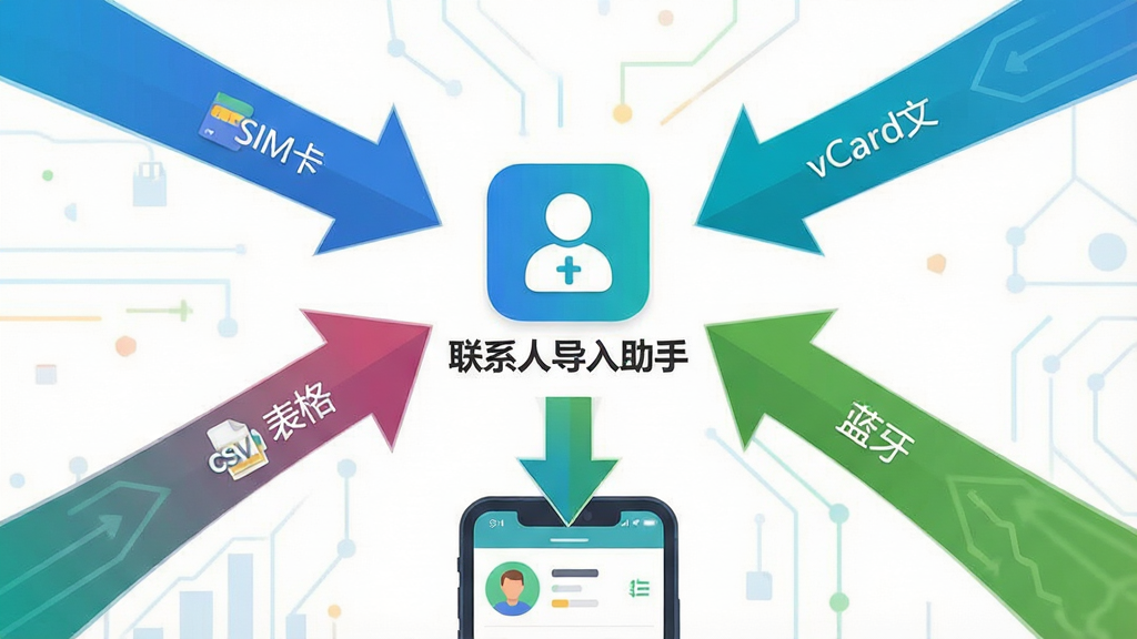 һ����Ϣͼ������ͼƬ�����������ǡ���ϵ�˵������֡���ͼ�꣬ͼ����Χ�ж����ͷָ�������ֱ��ע��SIM��������vCard�ļ�������CSV���񡱡�������������ͷ�·���ʾ���������ֻ�ͨѶ¼��ʾ��ͼ������Ϊ����״��������ƽ����ϸ�ڰ���ͼ����ɫ�����������������������������ʸ��壬�ɾ����޶���Ԫ��
