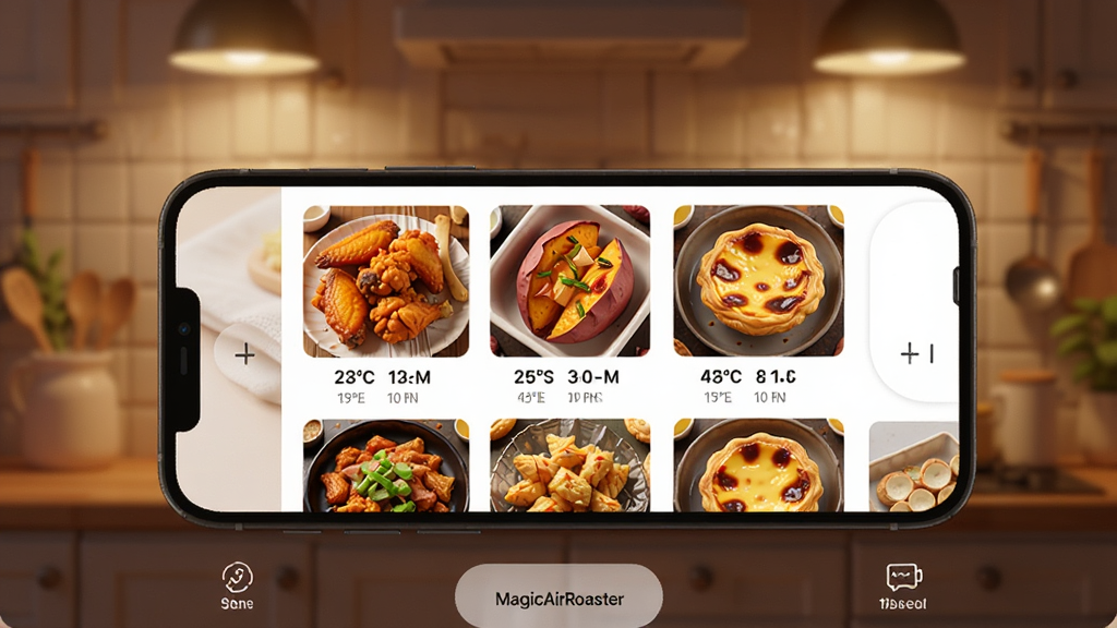һ��չʾMagicAirRoaster��ʳ�׽����ͼƬ���ֻ���Ļ��ʾ������ʳ����ͼ����ը���ᡢ����������̢�ȣ�ÿ�����·����¶Ⱥ�ʱ���ǩ����������ů�ĳ����ƹ⣬���Ϊ��ʳ��Ӱдʵ������ϸ��ɾ�