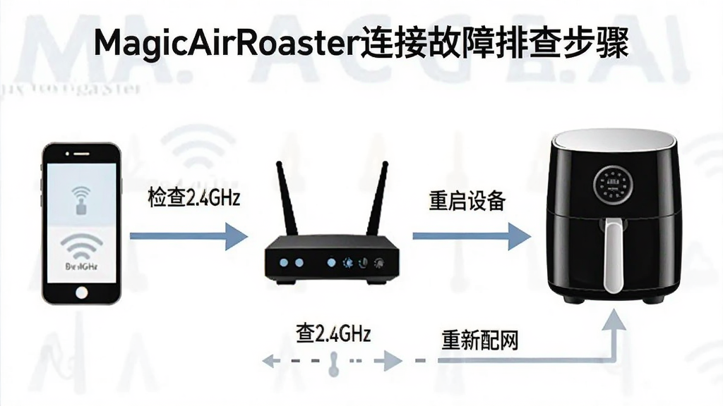 һ��չʾMagicAirRoaster���ӹ����Ų鲽���ʾ��ͼ������������ͼ��ʽ���֣������ֻ���·����������ը������ͼ�꣬�ü�ͷ���Ӳ���ע�����2.4GHz���������豸�������������������֣����Ϊ��Ϣͼ�������������ɾ�