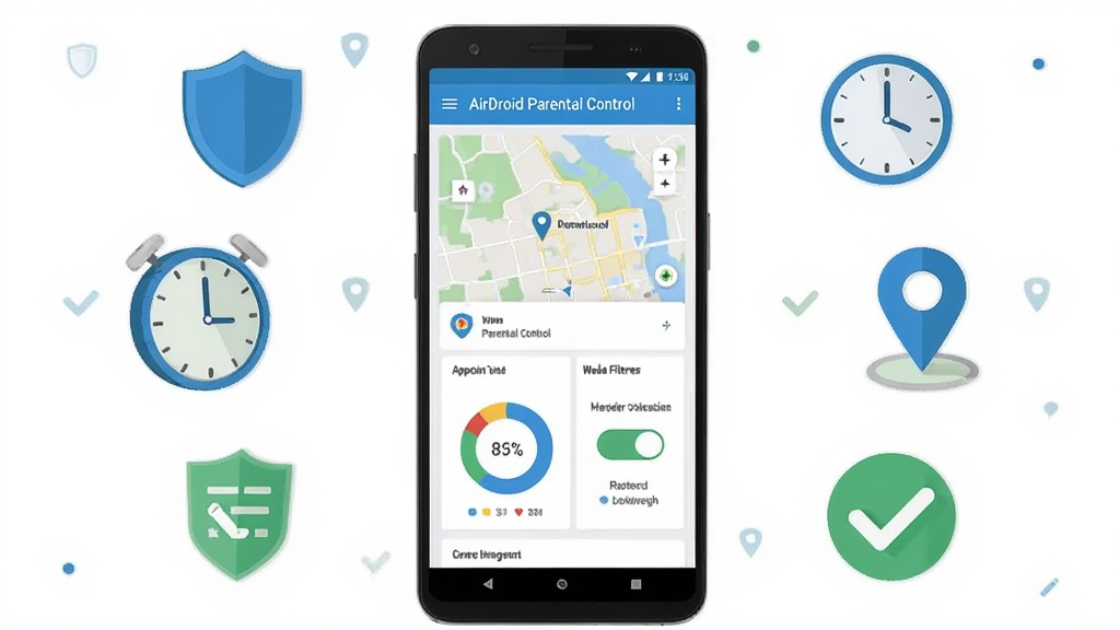 һ�Ÿɾ����������ܽ���ͼ�������������һ����׿�ֻ����ֻ���Ļ����ʾ AirDroid Parental Control �ļҳ����������棬�����а���λ�õ�ͼ��Ӧ��ʱ��Բ������վ���˿��ص�ģ�飬�ֻ���Χ�����Ŷ��ơ�ʱ�ӡ���λͼ������ɫ�Թ��ȱ�ƽ��ͼ�꣬���岼�־��жԳƣ����Ϊ�ִ��Ƽ��б�ƽ�廭����ɫ����ɫ����ɫ��ǳ��ɫΪ����ϸ�����������ʸ��壬����ɾ����޶���Ԫ�أ�ͼƬ������Ϊ��AirDroid Parental Control��