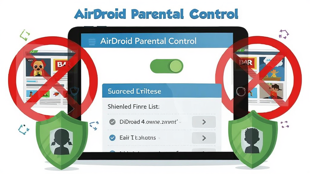 һ�ű��� AirDroid Parental Control ��վ���˹��ܵ�ʾ��ͼ������������һ̨ƽ����ԣ���Ļ����ʾ��ҳ���˿����������б�����Χ�к�ɫ��ֹ���Ÿ����ڲ�����ҳͼ���ϣ���ɫ���Ʊ����Ŷ�ͯ����ļ�Ӱ������Ϊ���ҷ��������Ϊ����ƽ�������廭����ɫ����ɫ����ɫ����ɫ����ɫ��׺Ϊ����ϸ�����������ʸ��壬����ɾ����޶���Ԫ�أ�ͼƬ������Ϊ��AirDroid Parental Control��