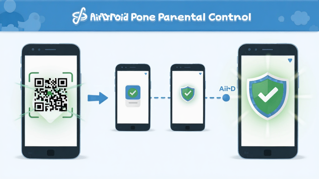 һ��չʾ AirDroid Parental Control ��װ�����̵Ĳ���ͼ����������ҷ�Ϊ��������һ���ֻ�ɨ���ά�룬�ڶ�����̨�ֻ�ͨ���������ӣ�����������ͼ�������ʾ�󶨳ɹ�������Ϊ��������ͼ�����Ϊ��ƽ���̳̲廭����ɫ����ɫ����ɫ����ɫΪ����ϸ�����������ʸ��壬����ɾ����޶���Ԫ�أ�ͼƬ������Ϊ��AirDroid Parental Control��