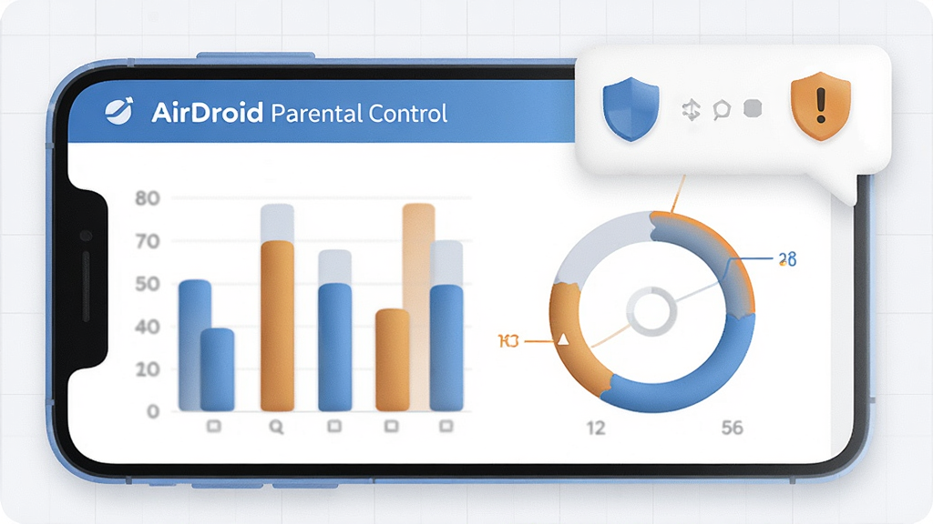 һ��չʾ AirDroid Parental Control ʹ�ñ��������ѹ��ܵĽ���ͼ��������һ���ֻ���ʾ��ɫ��״ͼ��Բ��ͳ��ͼ��ͼ��������Ϣ�������ݣ������ڰ����������̾��ͼ�꣬����Ϊǳɫ���񣬲���Ϊ���½ṹ�����Ϊ�ִ����ݿ��ӻ���ƽ�����ɫ����ɫ����ɫ����ɫΪ����ϸ�����������ʸ��壬����ɾ����޶���Ԫ�أ�ͼƬ������Ϊ��AirDroid Parental Control��