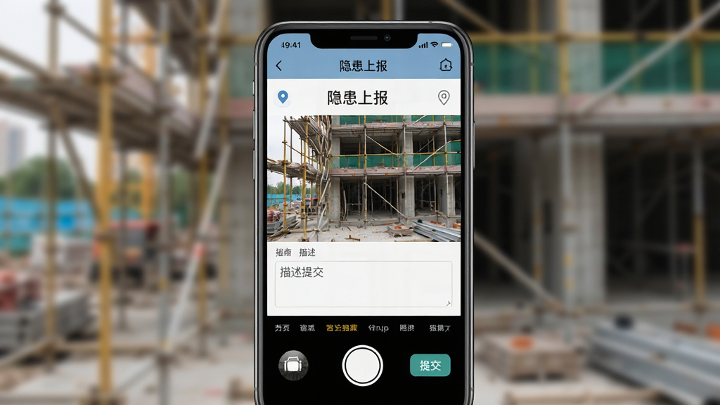 ����Ϊ�Ͱ���Ӧ�������ϱ�ҳ�棬�ֻ�����ͷ����һ��ʩ�����ּܣ���Ļ�������հ�ť����������򡣲���Ϊ�ֻ��ӽ���д������Ϊ���ػ����黯���Ű�ͻ�����պ��ύ��ť�����Ϊдʵ��UI��ϡ�ϸ������Ļ��ʾ�������ϱ����Ͷ�λͼ�ꡣ���ʸ��壬�ɾ����޶���Ԫ��