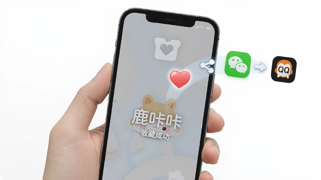 һ��չʾ�ֻ��������Ƶ�ͼƬ��һֻ�������ֻ�����Ļ����ʾ��¹���ǡ����ղسɹ�������һ������ͼ�������Ļ�������ղؼУ��Ա��з�����ťָ��΢�ź�QQ��ͼ�꣬�����Ǽ��İ�ɫ�������������ɾ�����