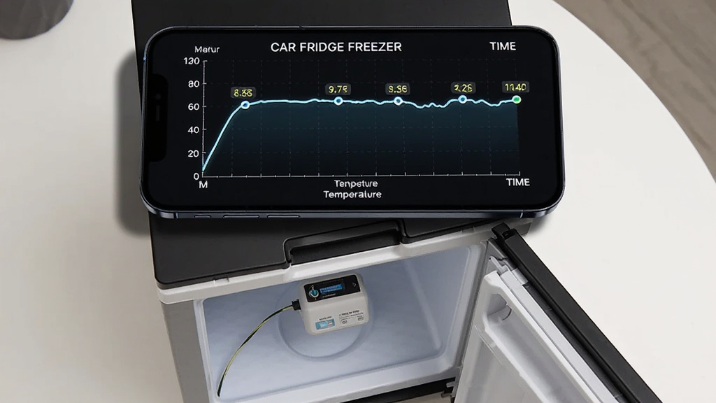 һ�������ֻ���Ļ��ʾCAR FRIDGE FREEZER���¶�����ͼ��ͼ������Ϊʱ������Ϊ�¶ȣ����߳���ƽ�Ȳ������ֻ��·���һ̨���ر��䣬�����Ű뿪¶���ڲ��¶ȴ�����������Ϊ����ǳɫ���棬����Ϊ���½ṹ�����Ϊ�Ƽ��в�Ʒչʾ��ϸ�ڰ������߸������¶���ֵ��ע���ֻ���Ӱ�������������ɾ����޶���Ԫ��