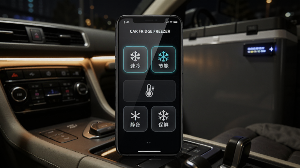 �ֻ���ĻչʾCAR FRIDGE FREEZER��ģʽѡ����棬�����������䡢���ܡ������������ĸ���ťͼ�꣬�ֻ������������п�̨�������Ա���һ̨���ر��䣬������ҹ�䳵�ڷ�Χ�ƣ�����Ϊ�ֻ����У��������Һ󷽣����Ϊ��ɫ�Ƽ��磬ϸ�ڰ�����ť����Ч������Ļ�������⡢����ָʾ�ƣ������������ɾ����޶���Ԫ��