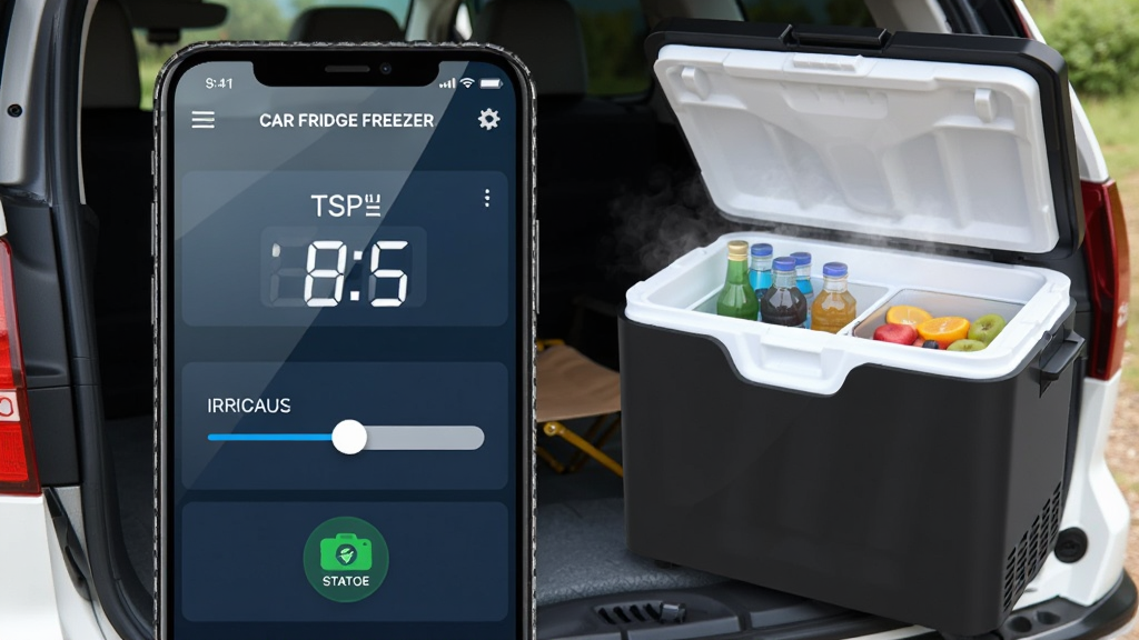 ����������һ�������ֻ�����Ļ����ʾCAR FRIDGE FREEZERӦ�������棬�����а����¶����֡����䵵λ������豸����״̬ͼ�꣬�ֻ��Ա߷���һ̨�򿪸��ӵĳ��ر��䣬�����ڲ������Ϻ�ˮ���������ǻ���¶Ӫ�������������䣬���ֲ������ҷ���������ֻ��Ҳ���䣬���Ϊдʵ��Ʒ��Ӱ��ϸ�ڰ�����Ļ���⡢�����ڲ�����Ч�����ֻ��߿��ʸУ������������ɾ����޶���Ԫ��