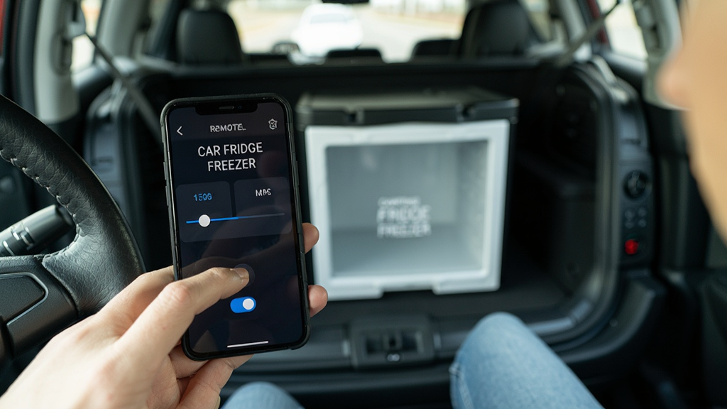 һ��������������ʻ���ֳ��ֻ����ֻ���Ļ��ʾCAR FRIDGE FREEZERԶ�̿��ƽ��棬���������¶ȵ��ڻ���Ϳ��ذ�ť���������������䷽��ĳ��ر��䣬����Ϊ������ǰ���ֻ������������ڱ����黯�����Ϊ���������Ӱ��ϸ�ڰ����ֻ���Ļ���ȡ�������ָ�������������ڹ��ߣ������������ɾ����޶���Ԫ��