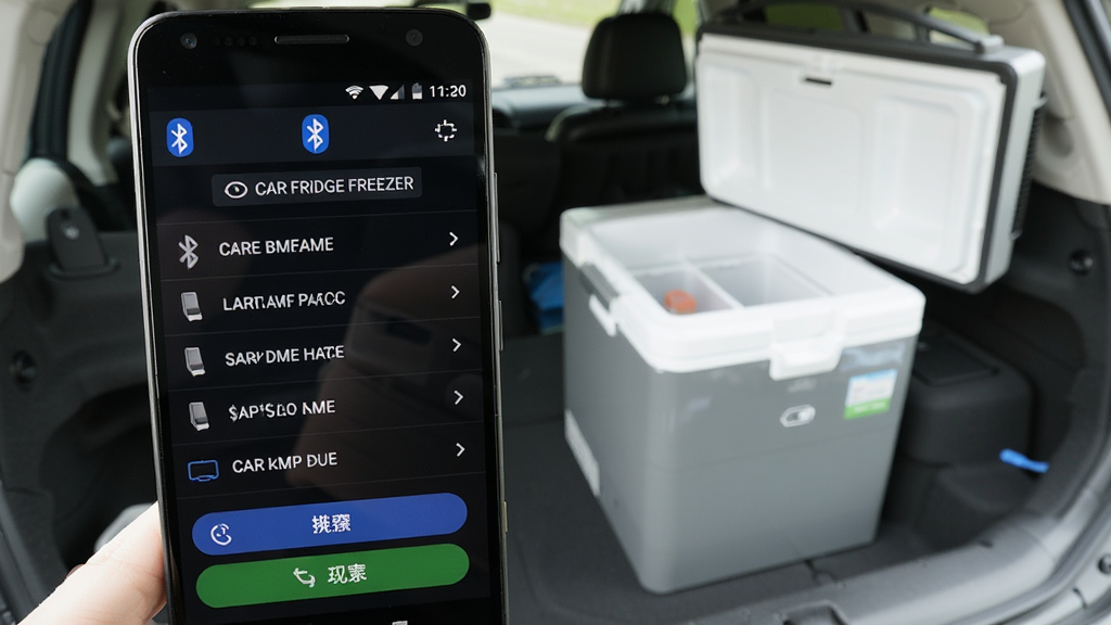 һ����׿�ֻ���ʾCAR FRIDGE FREEZER����������������棬�������г�����豸���ƣ��ֻ��Ա���һ̨���ر��䴦�ڴ�״̬������Ϊ���������ڲ�������Ϊ�ֻ���Ļ��д�����Ϊ�̳����ͼչʾ��ϸ�ڰ�������ͼ�ꡢ�豸�б�����԰�ť�������������ɾ����޶���Ԫ��