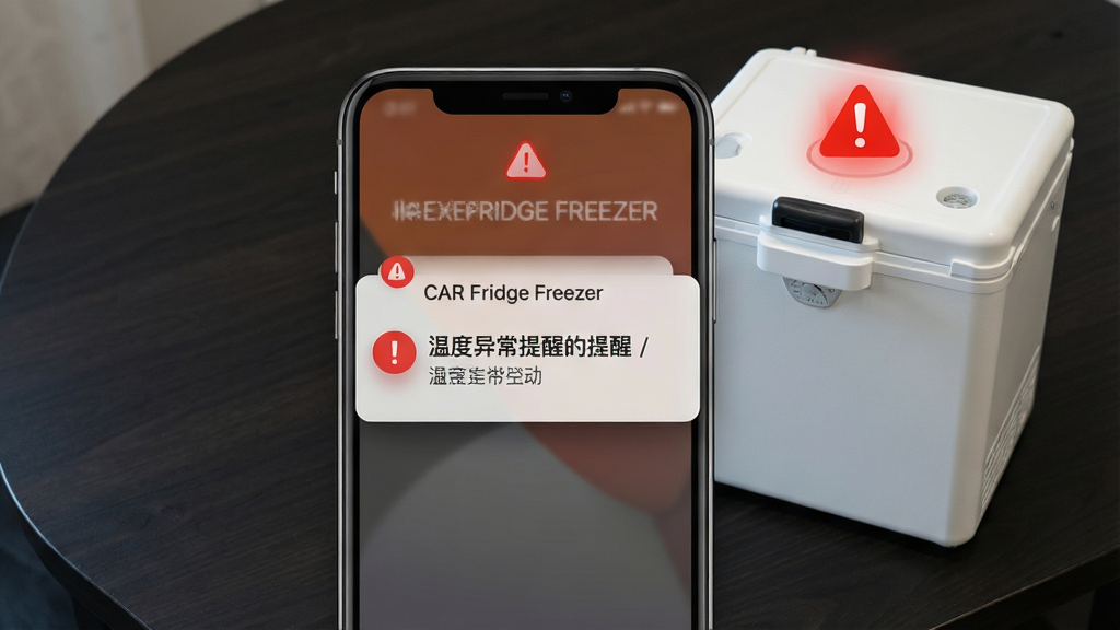 �ֻ���Ļ��ʾCAR FRIDGE FREEZER�ĸ澯֪ͨ���棬֪ͨ��Ƭ��д���¶��쳣�������֣��ֻ��Ա���һ̨���ر��䣬�����Ϸ���һ����ɫ��ʾ��ͼ�꣬����Ϊ��ɫ���棬����Ϊ�ֻ���д���У����Ϊ��Ϣ��ʾ��UIչʾ��ϸ�ڰ���֪ͨ��Ƭ��Ӱ����ɫ��̾��ͼ�ꡢ�ֻ��߿򣬻����������ɾ����޶���Ԫ��