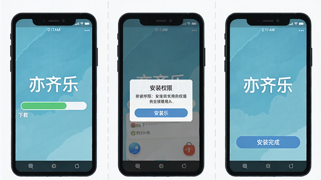 һ��չʾ�ֻ���װ������Ӧ�ù��̵Ĳ���ʾ��ͼ�������Ϊ���񣬷ֱ���ʾ���ؽ���������װȨ�޵�������װ��ɴ򿪰�ť��ÿ�����ֻ���Ļ�����֡������֡�����������ƽ����ѧͼ��ϸ�����������ʸɾ����޶���Ԫ��