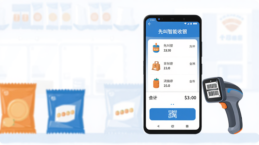 һ��չʾ�ƶ����������Ĳ廭������������һ̨������׿�ֻ�����Ļ����ʾ�š��Ƚ�����������������������棬����������Ʒ�б����ϼƽ���ɨ�밴ť���ֻ��Ա߰ڷ���һ̨С��ɨ��ǹ�ͼ�����������Ʒ�����岼�ֲ��þ��й�ͼ���ֻ�λ�ڻ�����������ƫ�ң���������հ��������ڷ�����Ʒ�����Ϊ��ƽ����ҵ�廭��ϸ����ǿ����Ļ��UI�������ɶ���ɫ��������Ϊ������������ɫ��׺�����ʸ��壬����ɾ����޶���Ԫ��