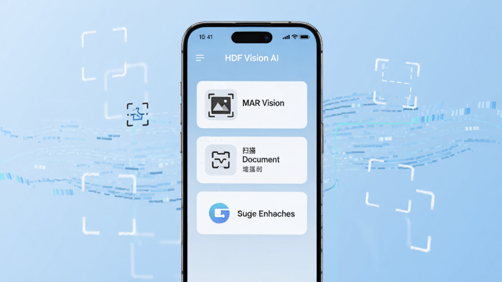 һ��չʾ�����ֻ���Ļ��ͼƬ����Ļ������ʾ HDF Vision AI Ӧ�������棬�������ͼ��ʶ���ĵ�ɨ�衢������ǿ����������ڣ�����Ϊǳ��ɫ���䣬�ֻ���Χ�����ų����������������ʶ���Ԫ�أ�������Ϊ�ִ��Ƽ��У�����ɾ����࣬�޶���װ�Σ����廭�ʣ�ϸ������