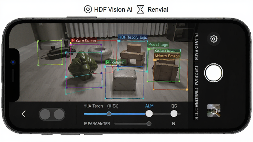 һ�� HDF Vision AI ʵʱĿ���⹦�ܵ�ʾ��ͼ���ֻ���Ļ��ʾ���Ԥ�����棬�����ж�����屻��ɫʶ����ע��ÿ�����Ϸ���ʾ��������ǩ������ײ��м�⿪����������ڻ��飬������Ϊ��ɫ�Ƽ��磬���ֽ��գ����ʸ��壬�޸���Ԫ��