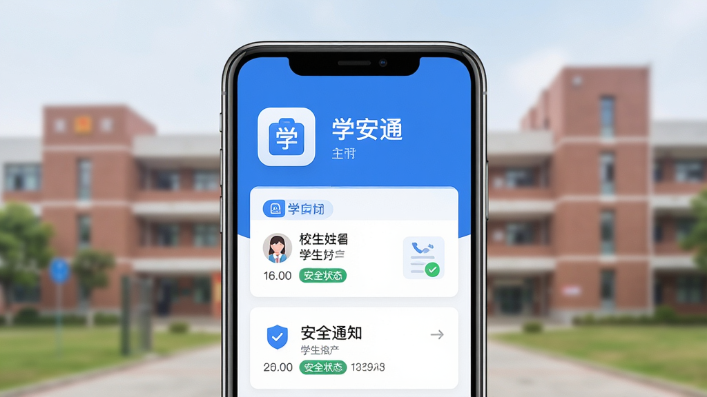 ����Ϊһ�������ֻ���Ļ��ʾѧ��ͨӦ�������棬�����а���У԰�Ž�ͨ�м�¼�밲ȫ֪ͨ��Ƭ������Ϊ�ֻ����з��ã������Ǽ���У԰��ѧ¥�黯�������Ű�������½ṹ���Ϸ�ΪӦ��ͼ��������ѧ��ͨ���·�Ϊ����ģ��չʾ�����Ϊ�ִ���ƽ���Ƽ��磬ɫ������ɫ�Ͱ�ɫΪ����ϸ�ڰ�����Ļ�ϵ�ͨ��ʱ�䡢ѧ����������ȫ״̬��ǩ��Ԫ�������ɼ������ʸ��壬����ɾ����޶���Ԫ��