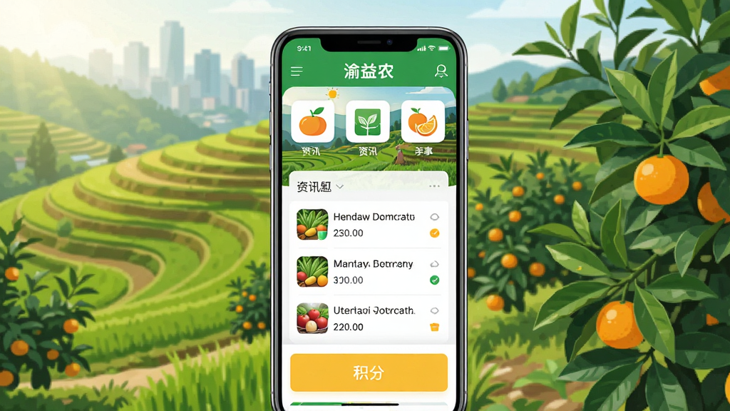 ��ͼչʾһ�������ֻ���Ļ����Ļ����ʾ������ũ��APP��ҳ���棬����ũ��Ʒͼ�ꡢ��Ѷ�б��������ڣ�����Ϊ���������������ٹ�԰�������������£����־��У����Ϊ��ƽ��UIչʾ��ϸ������������1080P���ɾ��޶���Ԫ��