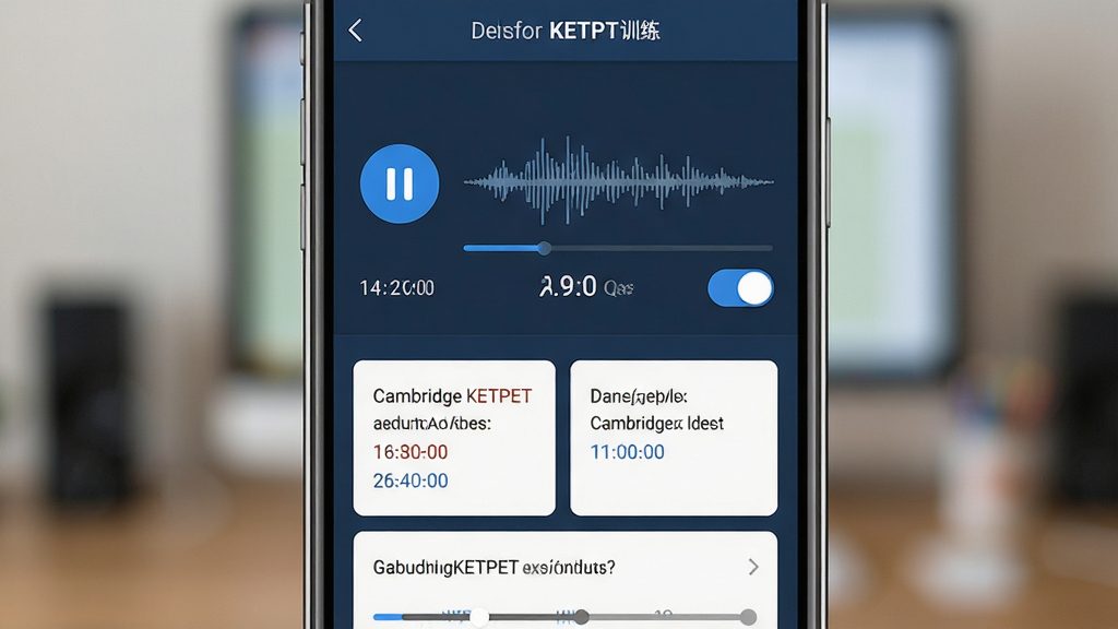 ����KETPETӢ������ѵ������չʾ������Ϊ�ֻ���Ļ��д����Ļ����ʾ�������������棬�в�����ͣ��ť�����ν�������ԭ�Ķ��տ��أ��·���ʾ��Ŀѡ�����Ϊ������д�������黯�����Ϊ��Ƶѧϰ��App���棬ϸ�ڰ�����ɫ���Ű�ť��������ʱ���ᡢ������Ŀ��Ƭ�����ʸ��壬����ɾ����޶���Ԫ�ء�