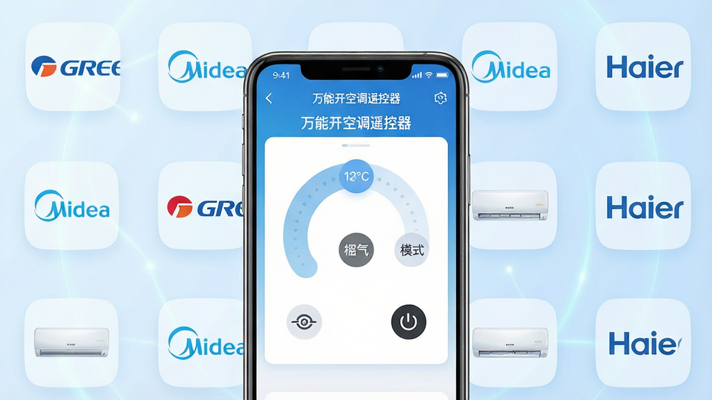 һ��չʾ�����ֻ���Ļ�����ͼƬ�����������ǡ����ܿ��յ�ң������App�Ŀյ�������壬��������¶ȵ��ڰ�ť��ģʽ�л�ͼ��͵�Դ���أ��ֻ���Χ�����Ÿ��������ġ������ȿյ�Ʒ��logo��ǳɫͼ�꣬����Ϊ�ɾ���ǳ��ɫ���䣬���־��жԳƣ����Ϊ�ִ��Ƽ���UIչʾ��ϸ�����ֻ���Ե����΢���⣬��Ļ�����������������ʸ��壬�ɾ����޶���Ԫ��