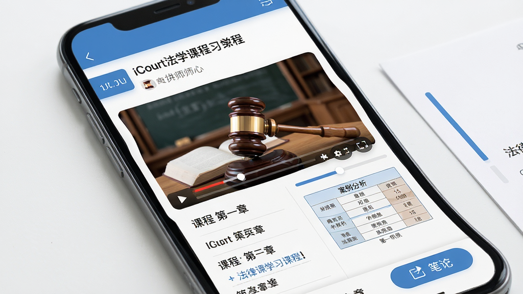 iCourt��ѧ�γ�ѧϰ����չʾ����������Ϊ�ֻ���Ļ�ڳ�����Ƶ�γ̲���ҳ�棬�����Ϸ�Ϊ�γ̱����뽲ʦ��Ϣ���в�Ϊ��Ƶ���������·�Ϊ�γ��½��б���ʼǰ�ť���Ű��η��������Ϊ���½����磬ϸ�ڰ��������������á���������ͼ����ѧϰ�����������ʸ���ɾ��޶���Ԫ��