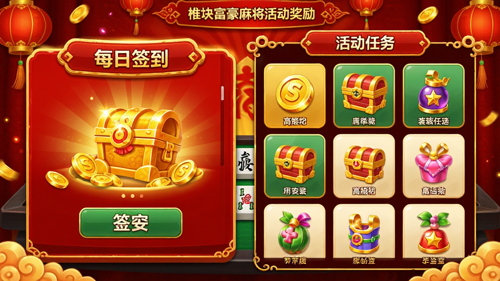 һ��չʾ�����齫����������ͼƬ����������ʾÿ��ǩ�����ͻ�����б����н�ҡ����䡢װ��Ƚ���ͼ�꣬������ϲ��ĺ�ɫ�ͽ�ɫ�����������֣������������޶���Ԫ��