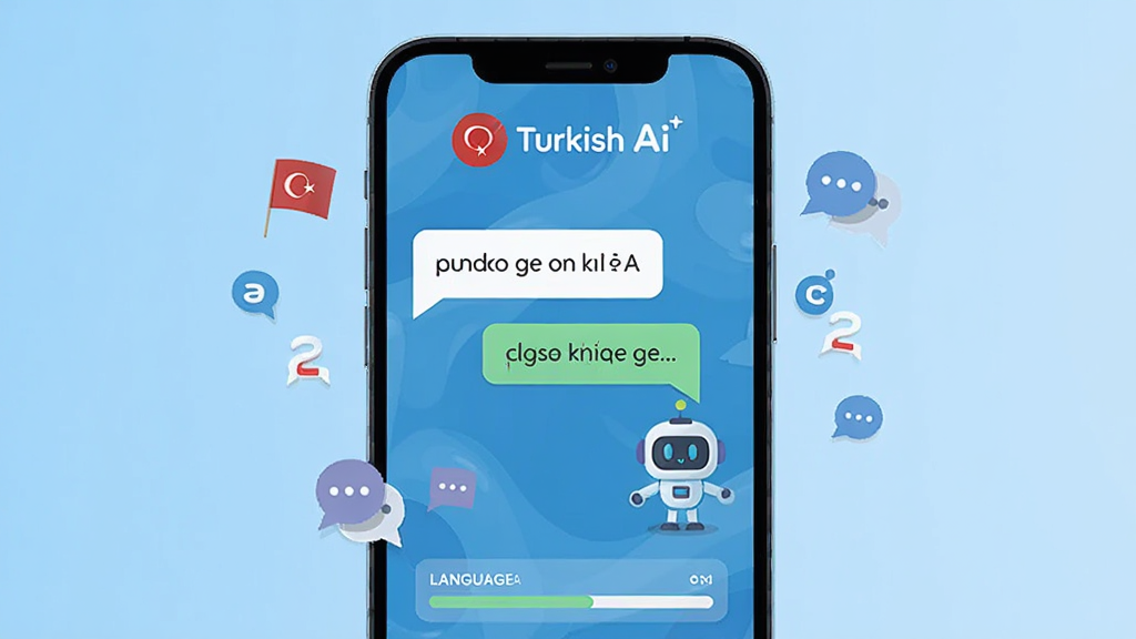 ���壺һ�������ֻ���Ļչʾ Turkish Ai Ӧ�ý��棬�����д�����������Ի����ݺ�AI������ͼ�ꣻ���֣��ֻ����з��ã�����Ϊǳ��ɫ���䣻�Ű棺Ӧ�ý���ռ����Ļ���壬������ʾ Turkish Ai ��־������ִ��Ƽ��У���ƽ����ƣ�ϸ�ڣ���Ļ����ʾ���������Ԫ�غ�����ѧϰ����������ΧƯ����ĸ�ͶԻ�ͼ�ꣻ���ʣ����壬�ɾ����޶���Ԫ��