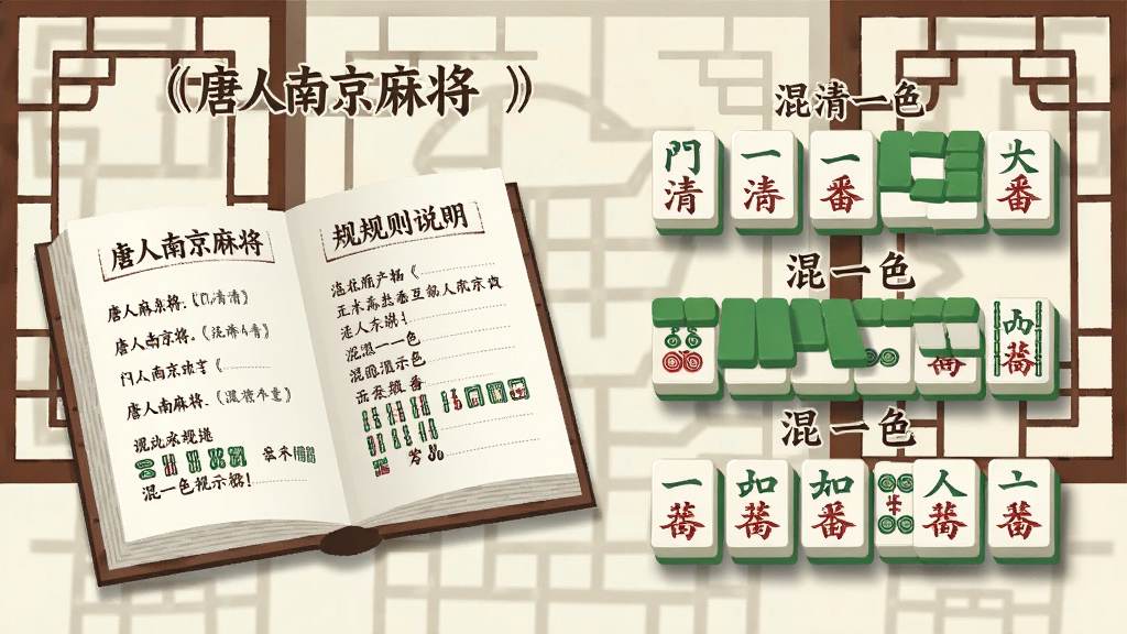 一张以“唐人南京麻将”规则说明为主题的图片,画面左侧是一本展开的虚拟规则手册,右侧是麻将牌组成的“门清”“混一色”等番型示例,背景有金陵风格的窗棂图案,风格为扁平化信息图,细节包括手册上的文字条目和麻将牌的立体阴影,画质清晰,干净,无多余元素