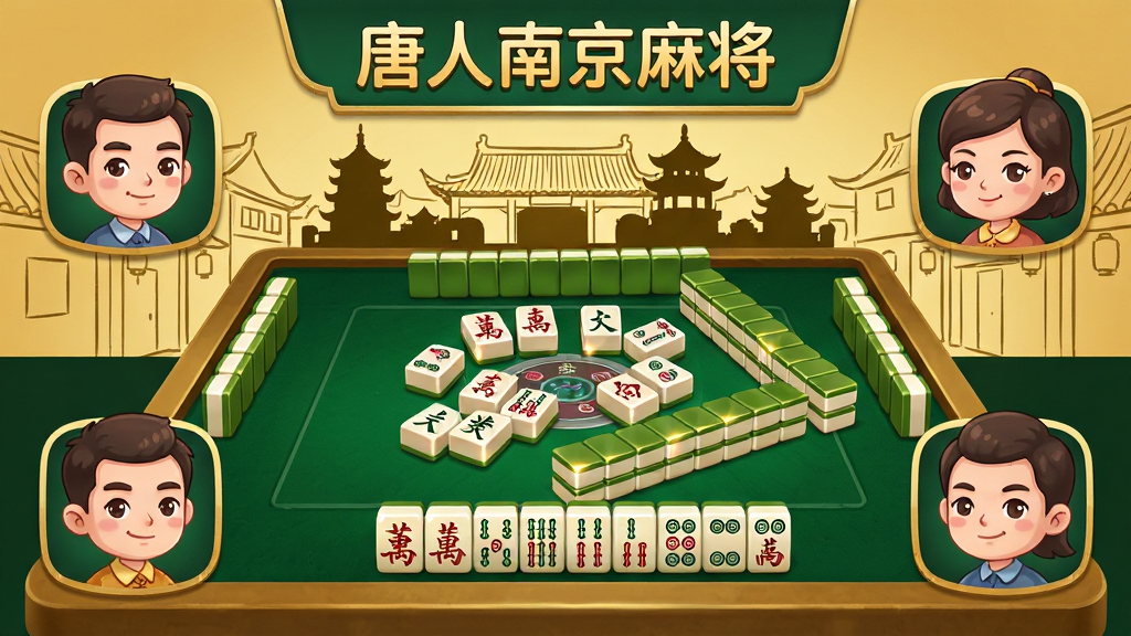 一张展示“唐人南京麻将”游戏主界面的图片,画面中央是带有金陵建筑剪影的麻将牌桌,四位卡通风格的玩家头像分列四周,牌桌中间散落着万、条、筒等麻将牌,背景是南京夫子庙的简笔轮廓,整体色调为暖金色与深绿色搭配,风格为休闲游戏UI插画,细节包括麻将牌上的反光质感和桌面的绒布纹理,画质清晰,干净,无多余元素